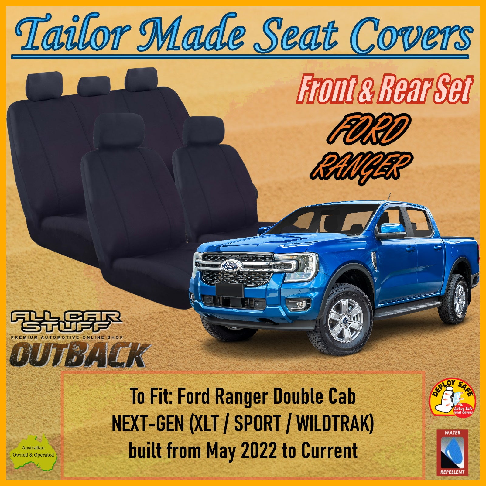 Turtle Covers Waterproof Rear Seat Covers For Ford Ranger Double Cab (2006-2011) - Black, Tailored Fit